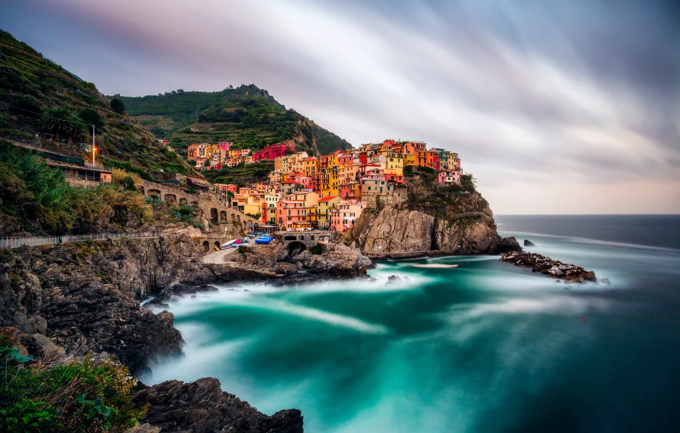 Фото обои море, город, фото, побережье, дома, Италия, Manarola Cinque Terre