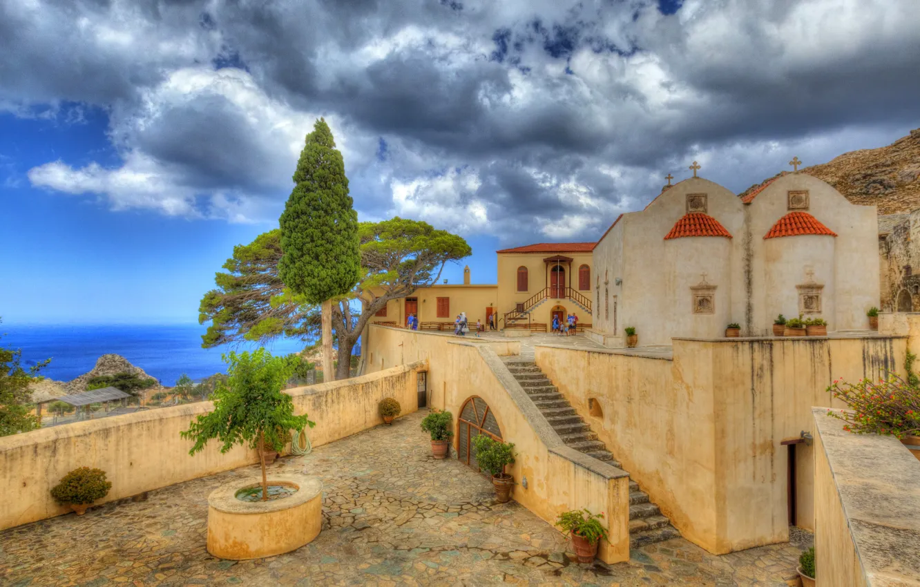 Фото обои море, облака, побережье, Греция, монастырь, Крит, Crete, Превели