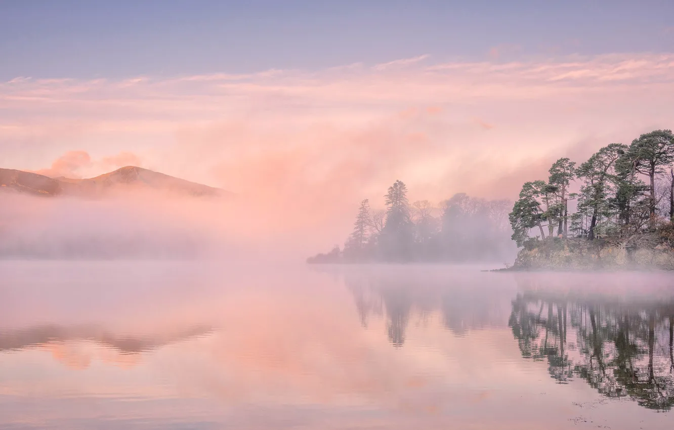 Фото обои деревья, горы, туман, озеро, Англия, Камбрия