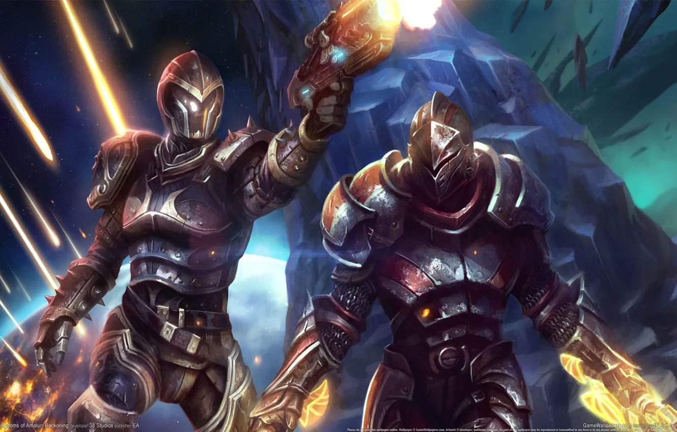 Фото обои обломки, оружие, скалы, планета, доспехи, воин, Kingdoms of Amalur, Reckoning