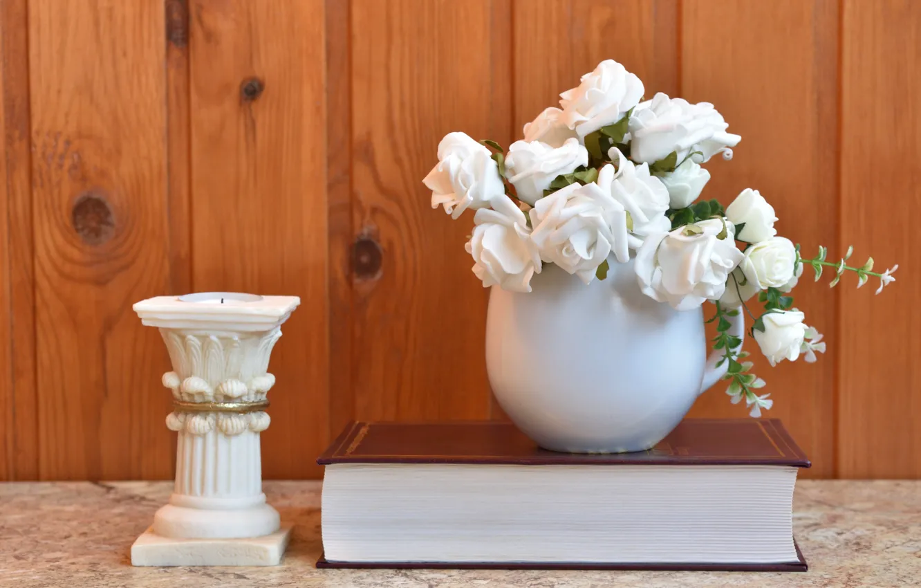 Фото обои белый, цветы, книга, подсвечник, декор