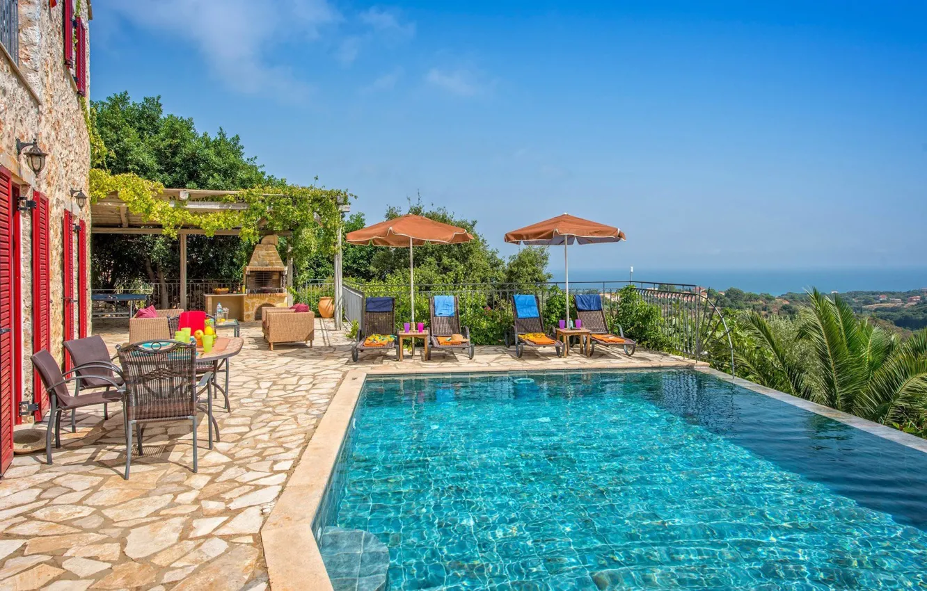 Фото обои вилла, бассейн, Греция, печь, терраса, Kefalonia, средиземноморская архитектура, Villa Eboros In Old Skala