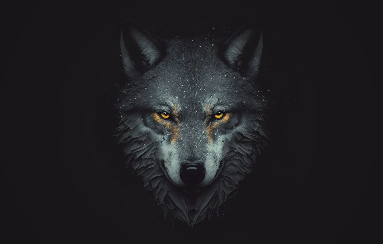Фото обои морда, волк, хищник, черный фон, желтые глаза, ИИ арт