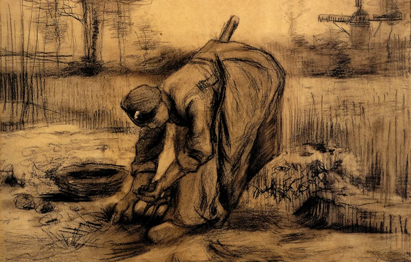 Фото обои Vincent van Gogh, вилы, женщина собирает урожай, Peasant Woman, Lifting Potatoes 6