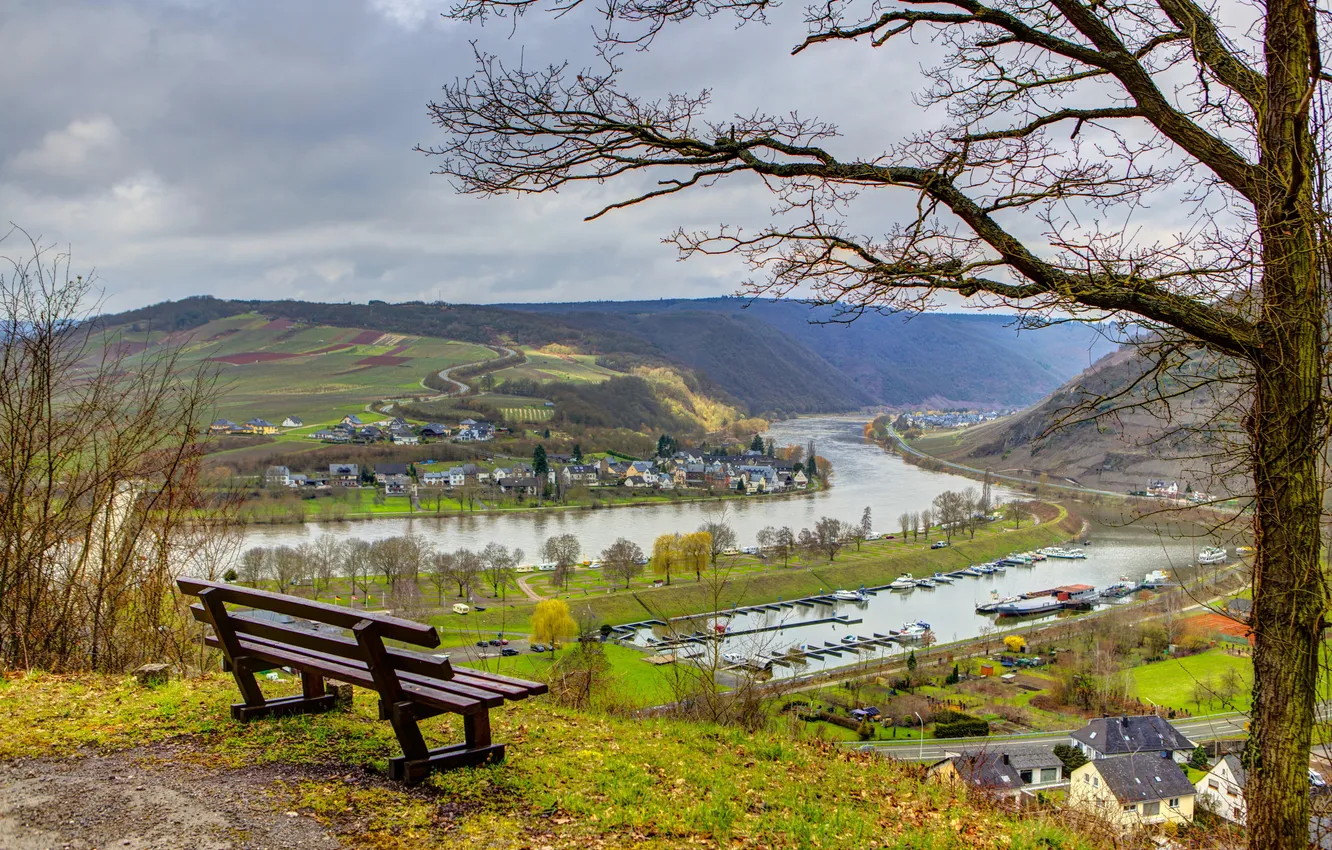 Фото обои деревья, скамейка, город, Германия, канал, водный, Senheim