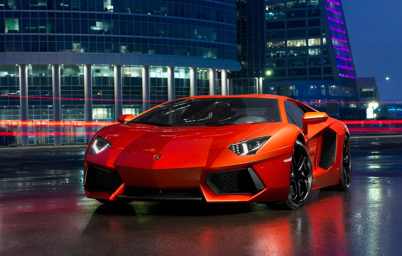 Фото обои ночь, здания, Lamborghini, Ламборджини, красная, Aventador