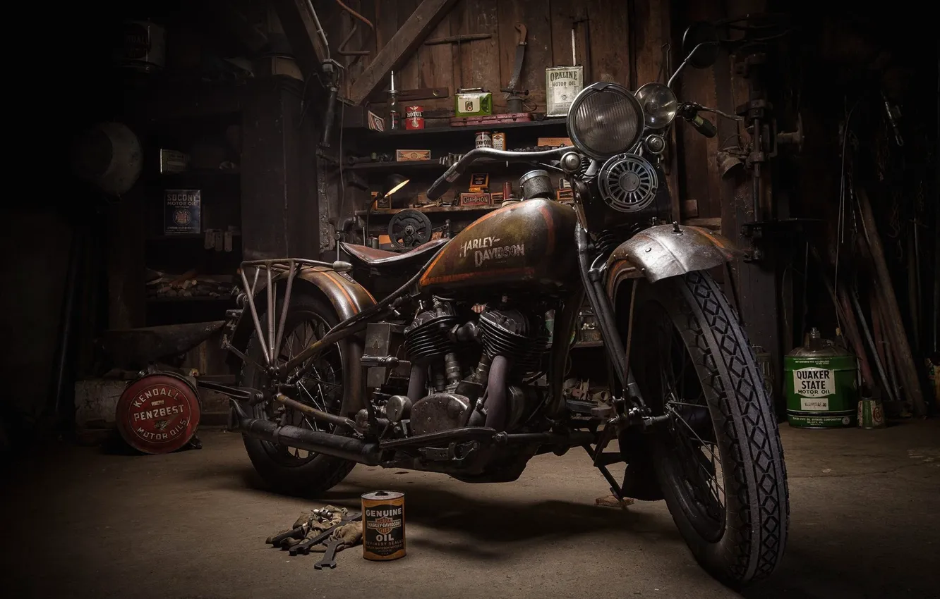 Фото обои Harley-Davidson, Garage, Motorcycle