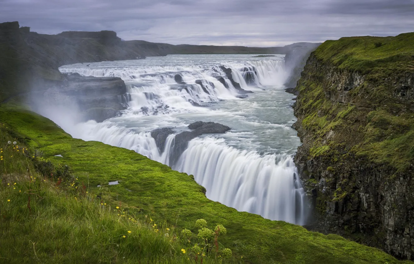 Фото обои небо, тучи, природа, водопад, Iceland, Gullfoss