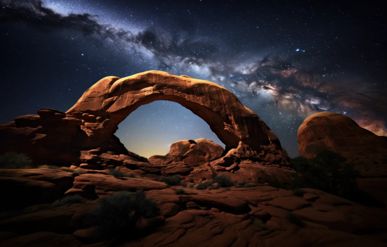 Фото обои Nature, United States, Utah, Arches National Park, Night sky, Milky Way arch, Rock formations