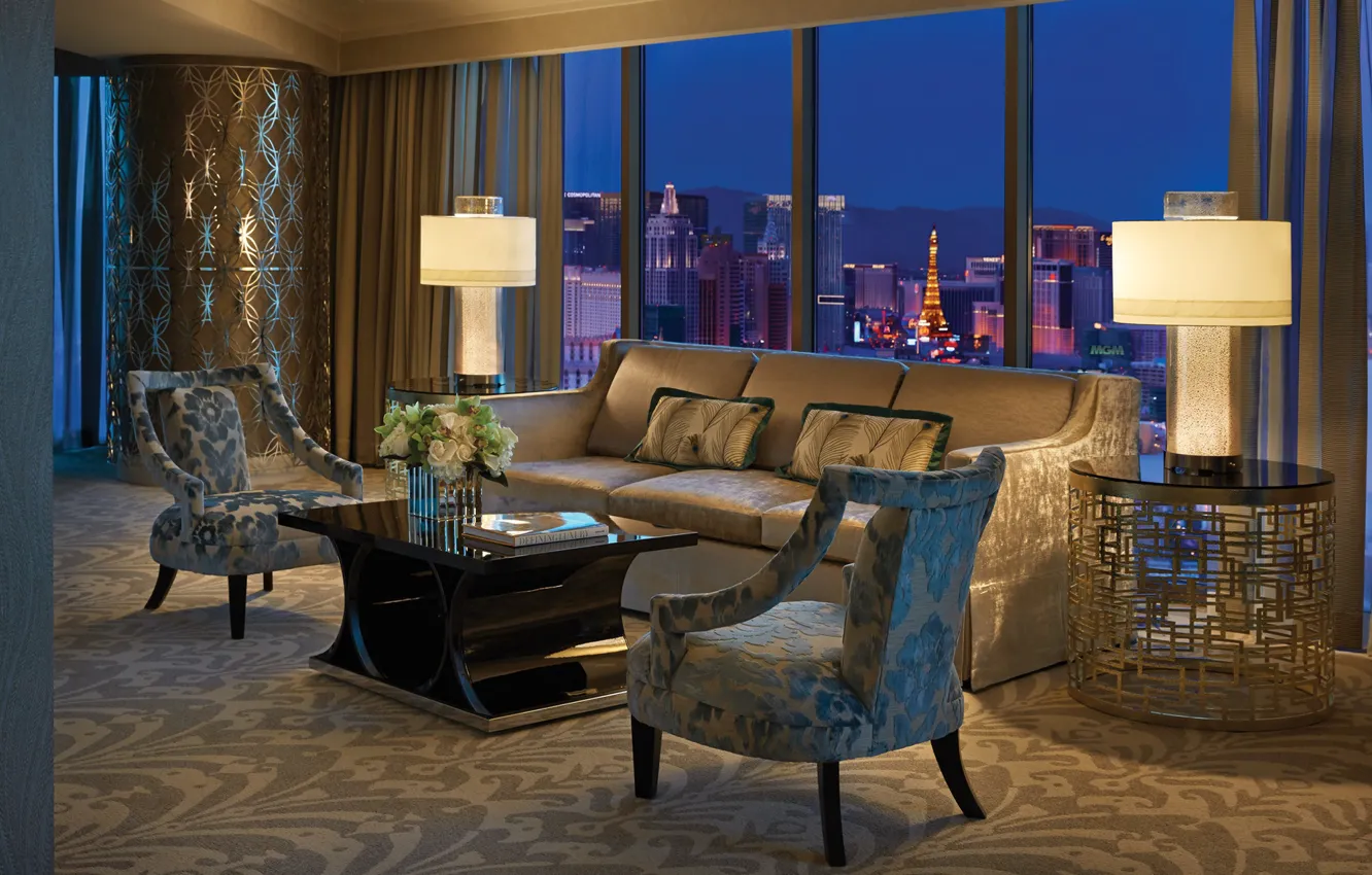 Фото обои интерьер, отель, гостиная, номер люкс, View, Suite, Living Room at Night, Presidential Strip