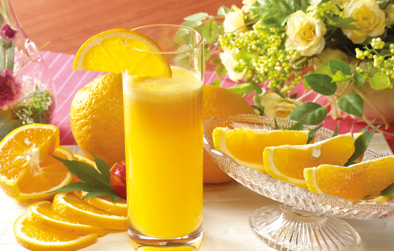 Фото обои цветы, стакан, апельсины, сок