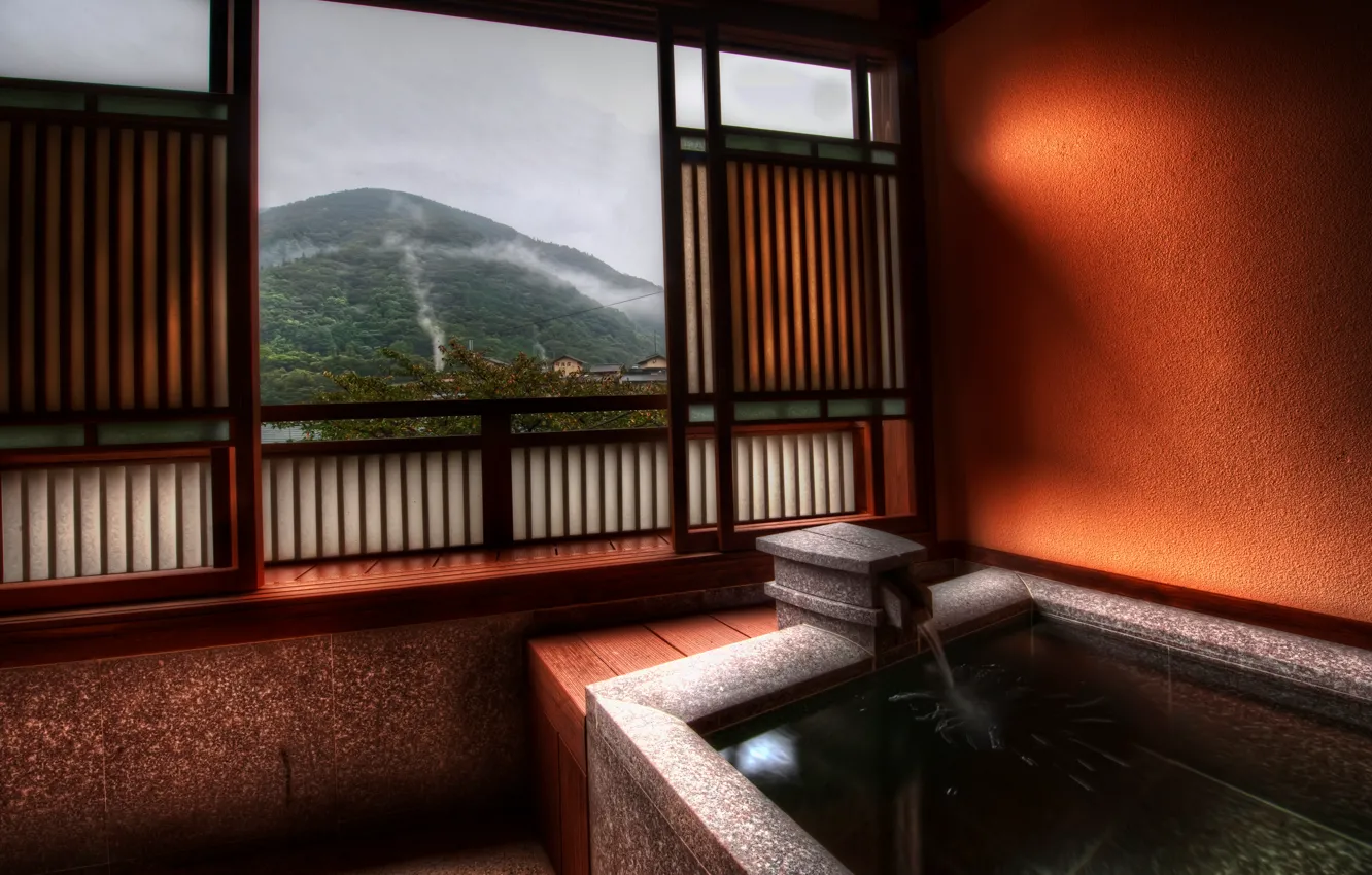 Фото обои япония, гора, ванная, вид из окна