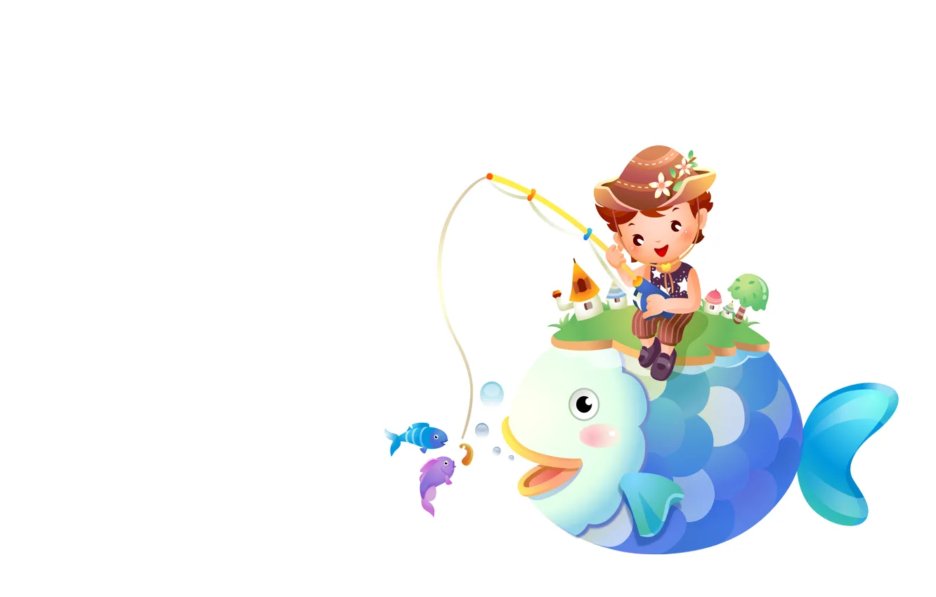 Фото обои рыбалка, рыбка, мальчик, арт, удочка, детская