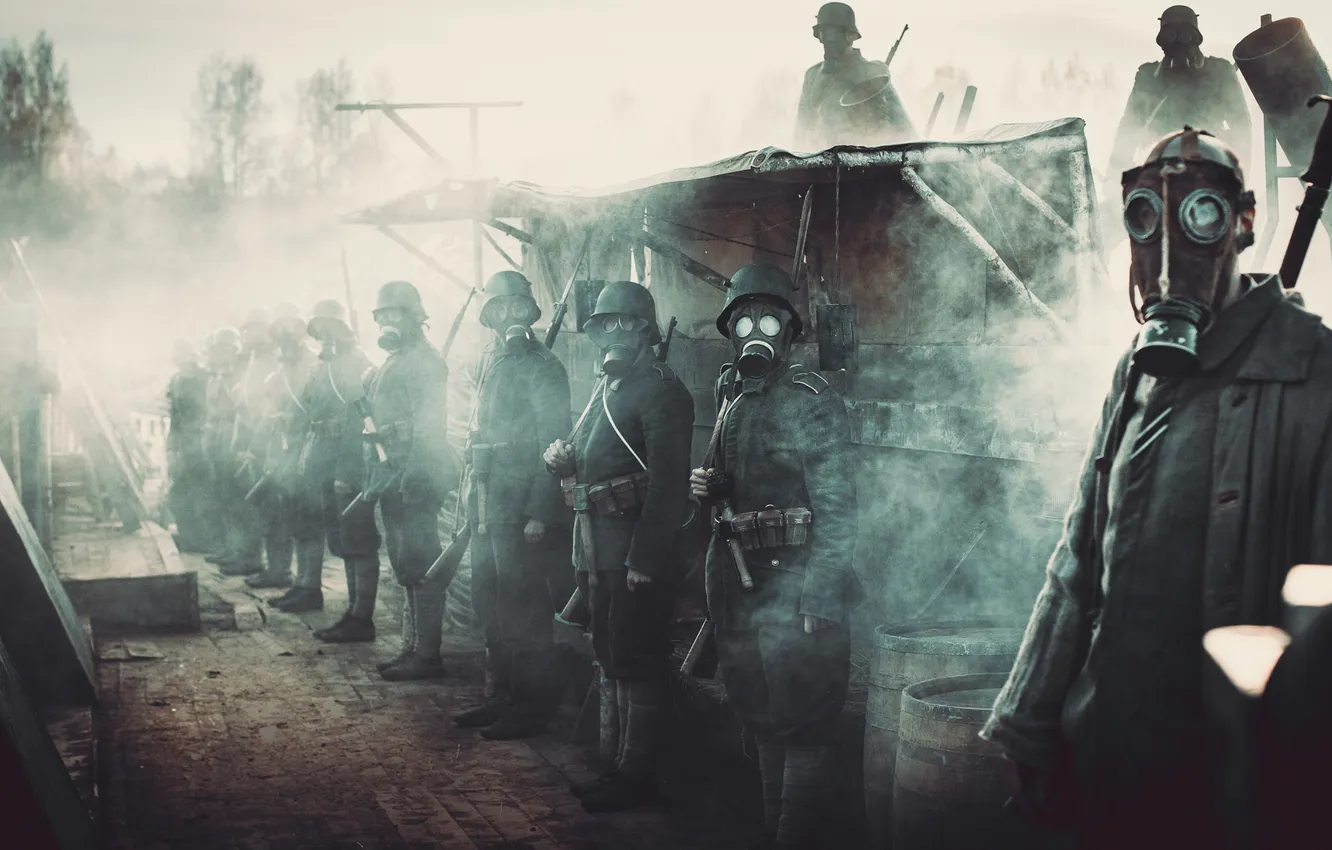 Фото обои оружие, дым, солдаты, строй, немцы, противогазы, Первая мировая война, окоп