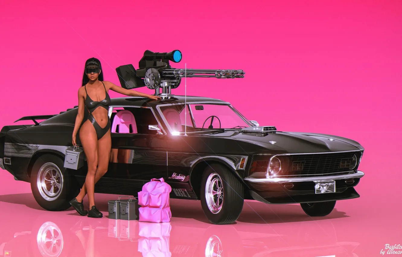 Фото обои Girl, Cars, Pink Background