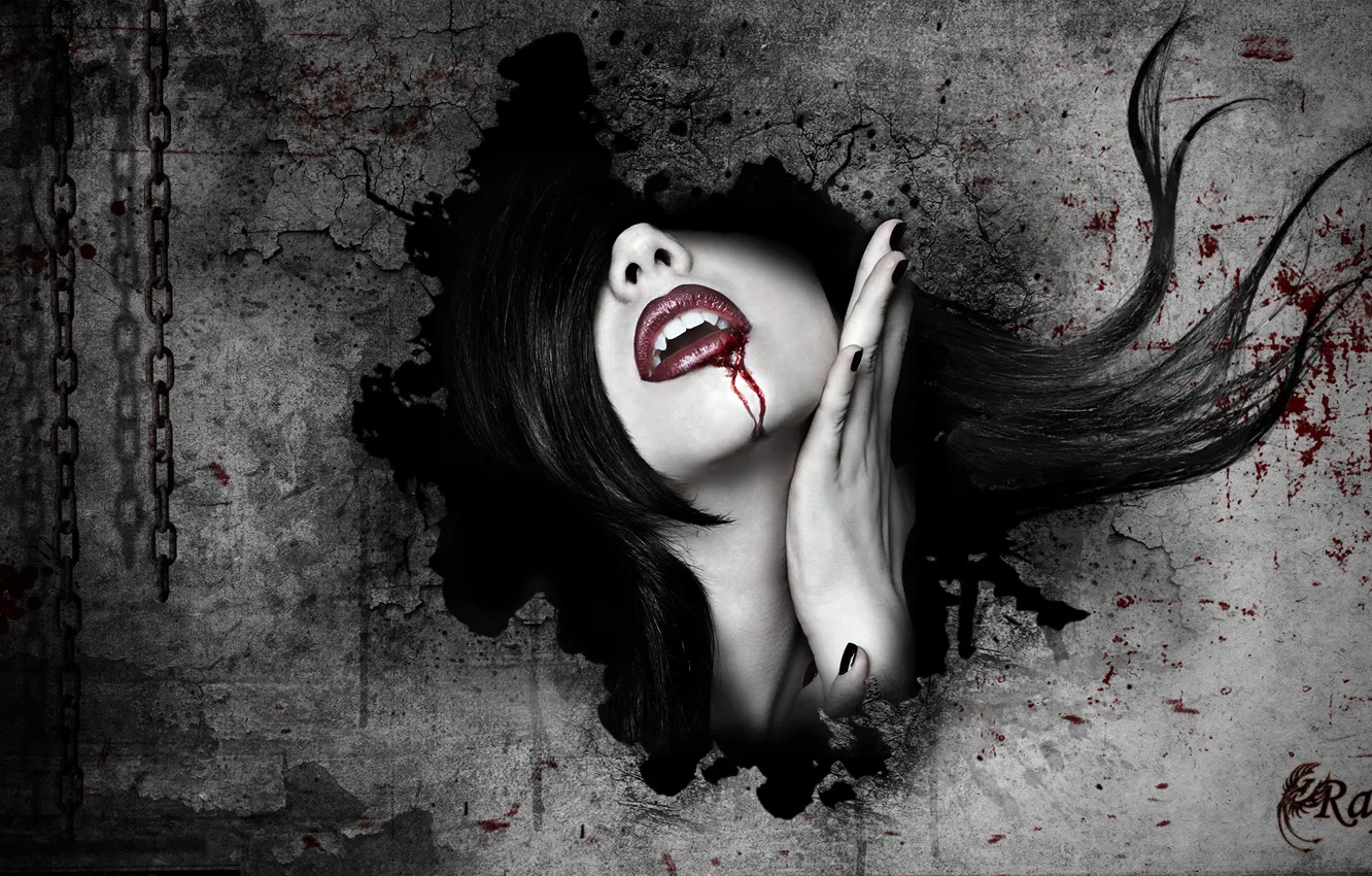 Фото обои девушка, лицо, стена, кровь, вампир
