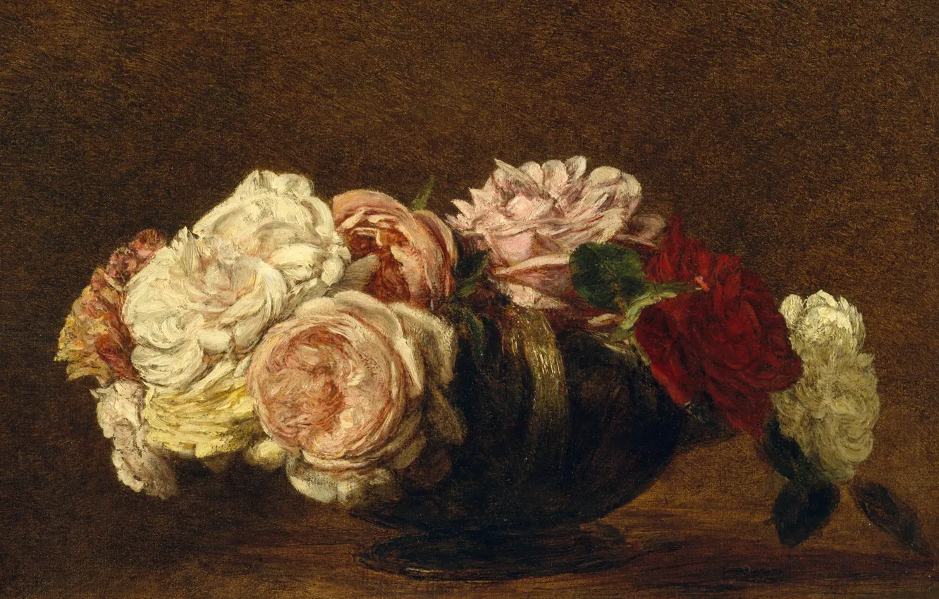 Фото обои цветы, картина, натюрморт, Анри Фантен-Латур, Розы в Вазе, Henri Fantin-Latour