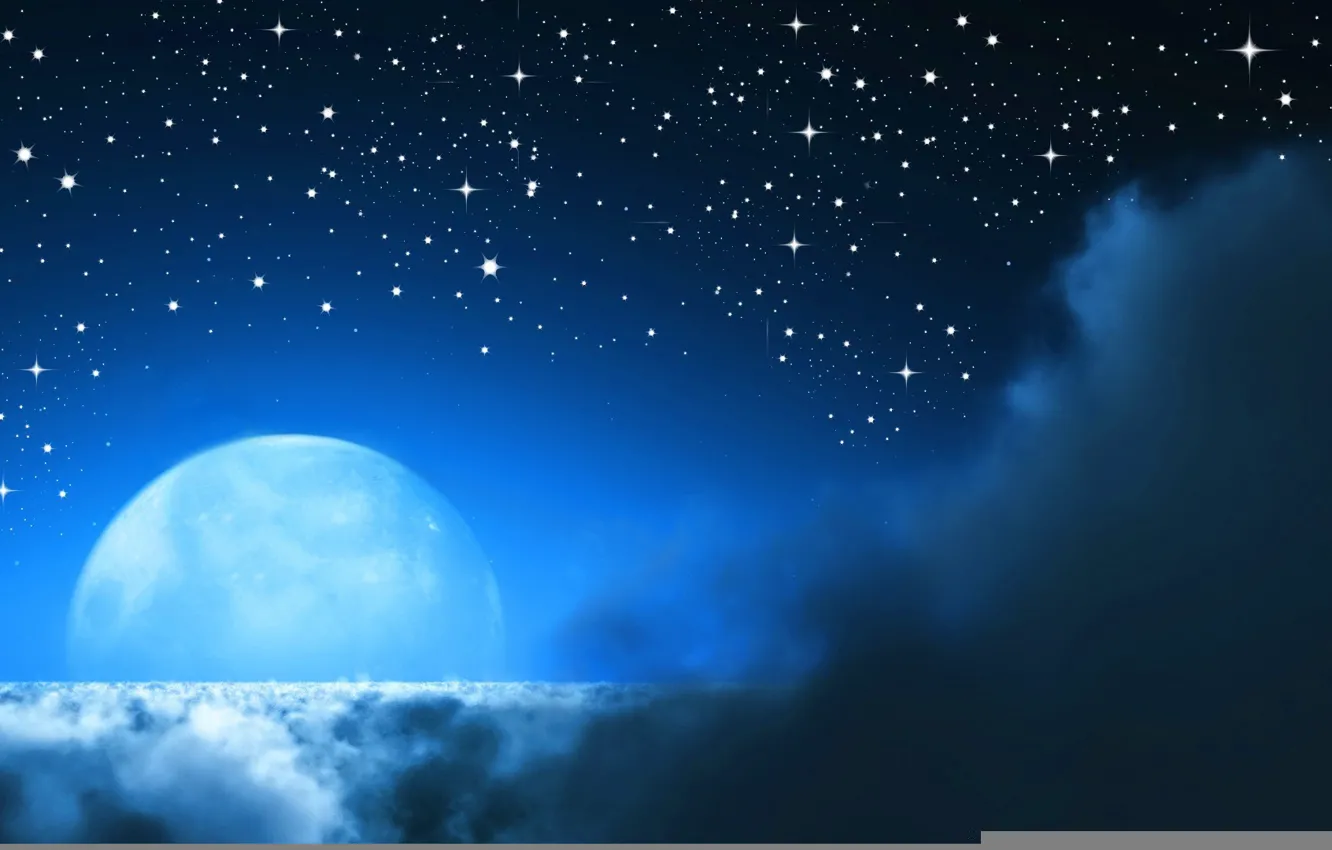 Фото обои Облака, Ночь, Луна, Звёзды