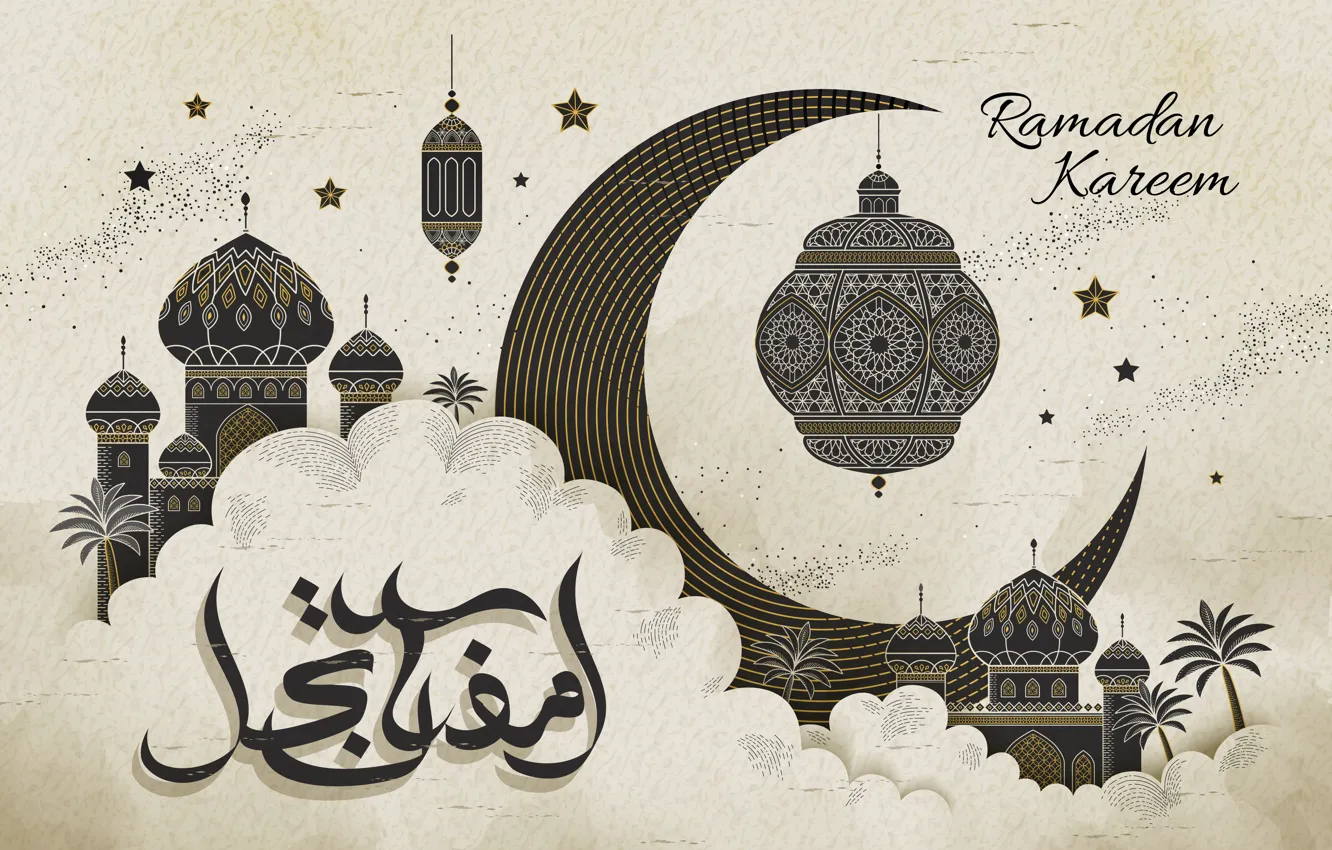 Фото обои облака, город, месяц, религия, Рамадан