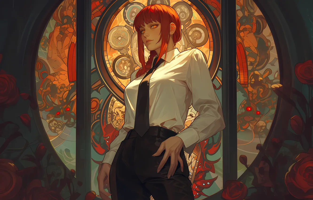 Фото обои аниме, рыжие волосы, anime, redhead, yellow eyes, stained glass, looking at viewer, Chinese architecture