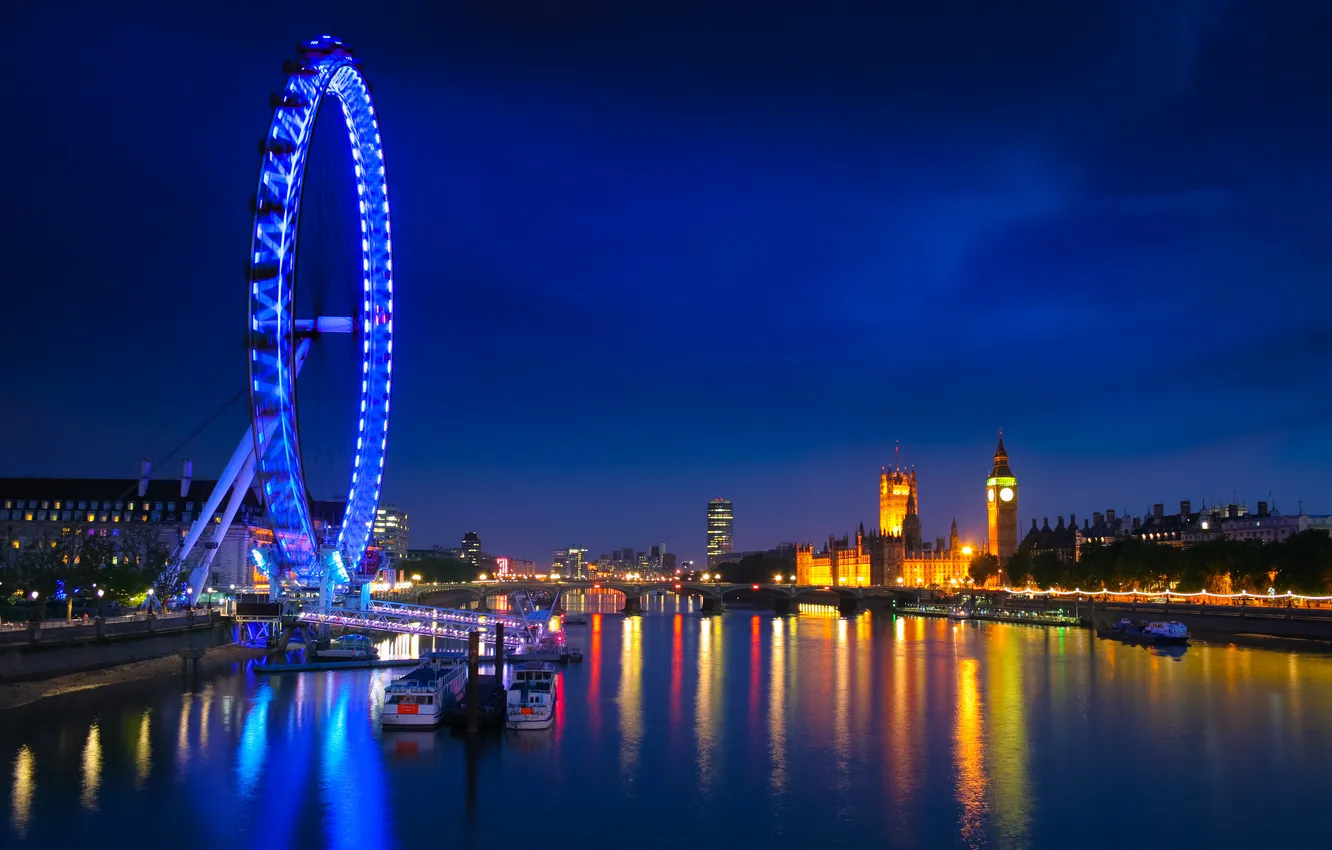 Фото обои ночь, огни, река, Англия, Лондон, колесо, Темза