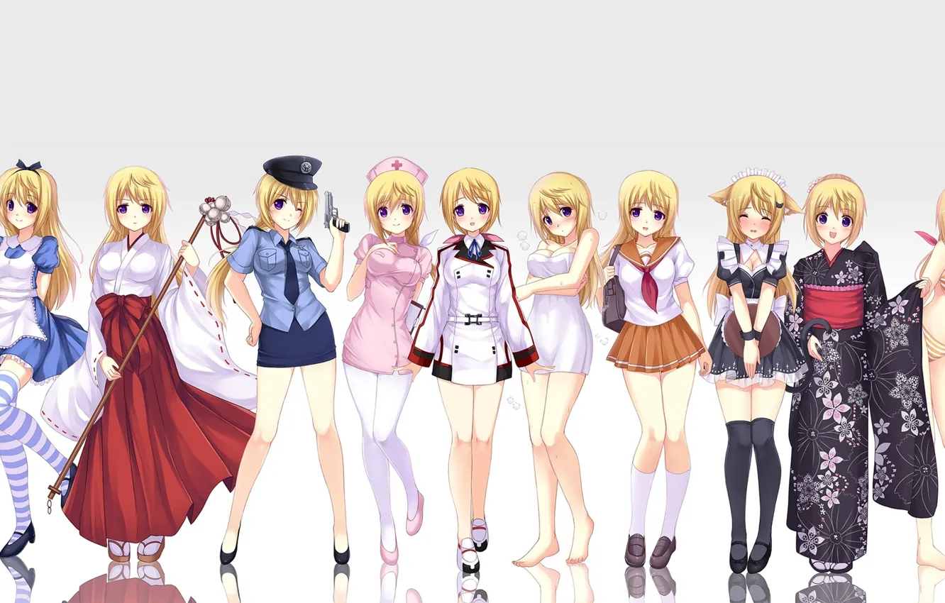 Фото обои девочки, Алиса, школьница, кимоно, жрица, медсестричка, полицейская, полосатые чулки