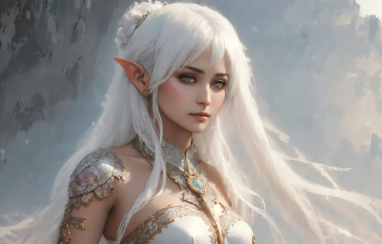 Фото обои girl, art, painting, digital art, fantasy art, Elf, white hair, fantasy girl