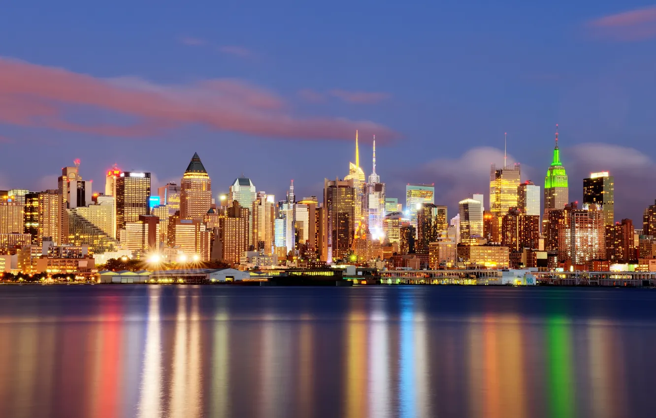 Фото обои ночь, город, огни, гладь, дома, new-york, нью - йорк