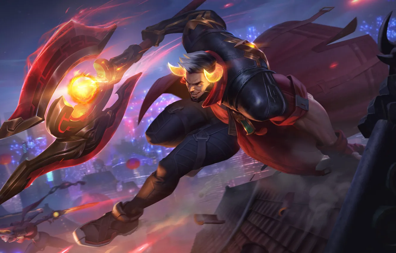 Фото обои девушка, город, фэнтези, мужчина, League of Legends, Fiora, Riot Games, Darius