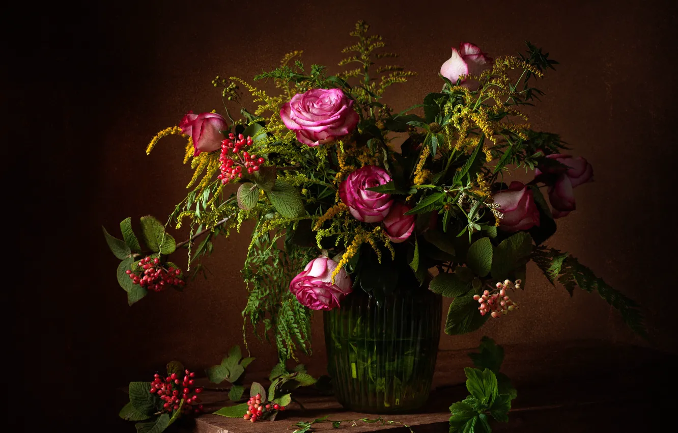 Фото обои ягоды, розы, букет, натюрморт, калина