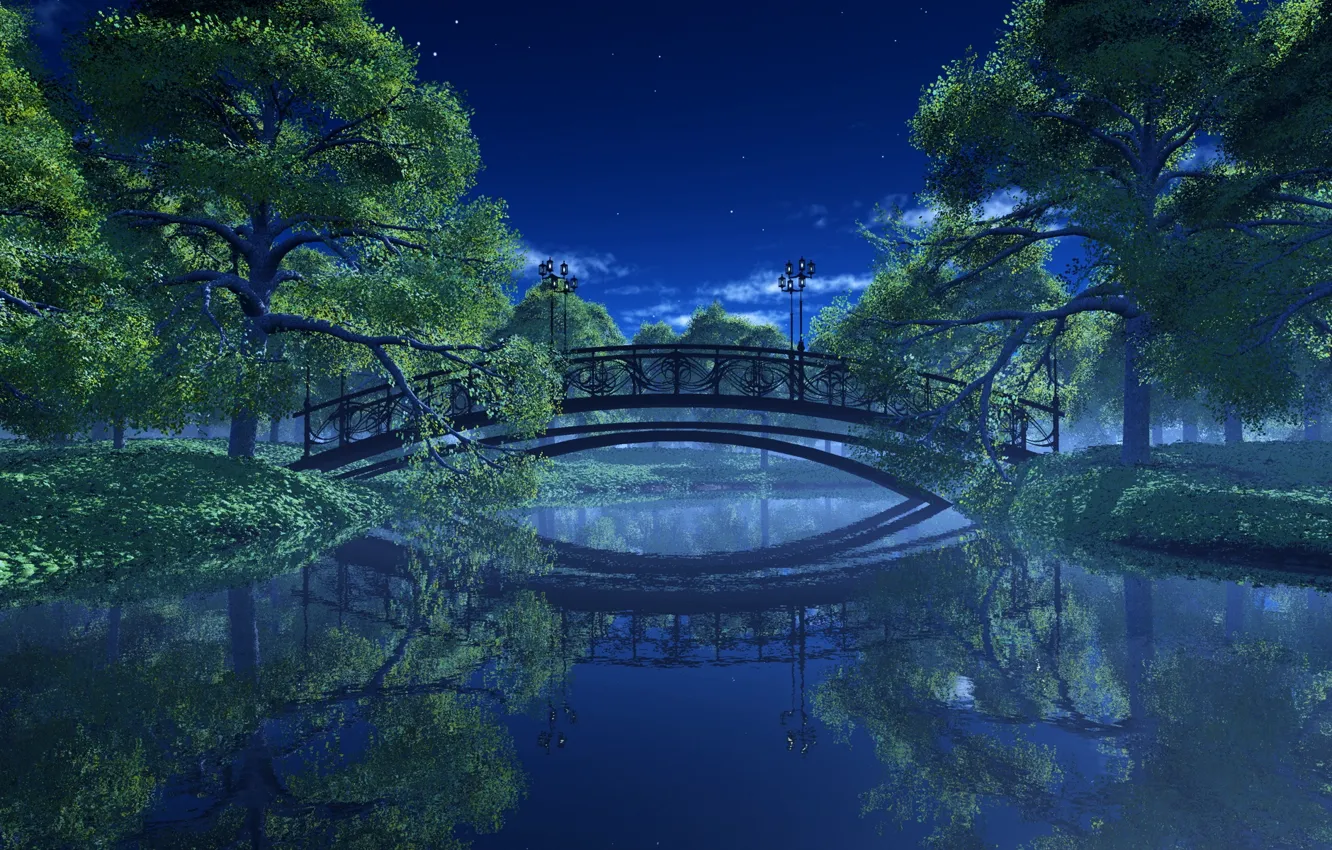 Фото обои деревья, пейзаж, ночь, мост, парк, река, фонари