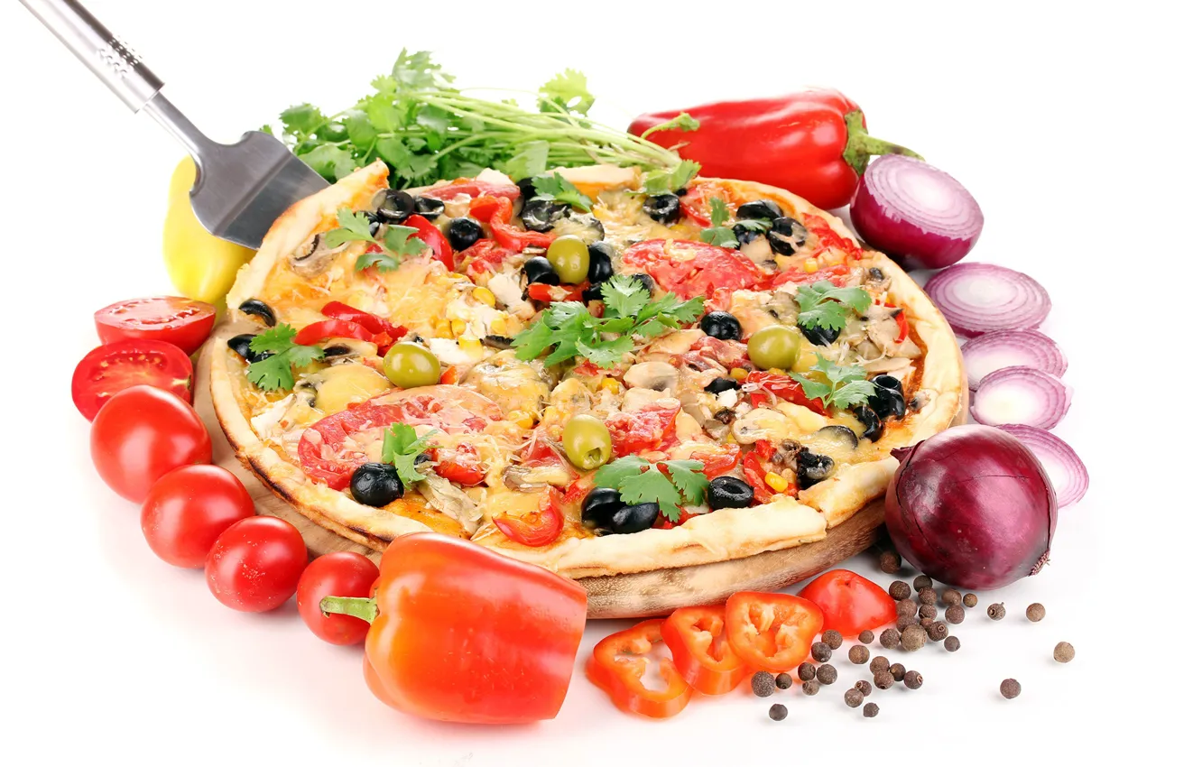 Фото обои сыр, перец, овощи, пицца, помидоры, оливки, вкусно