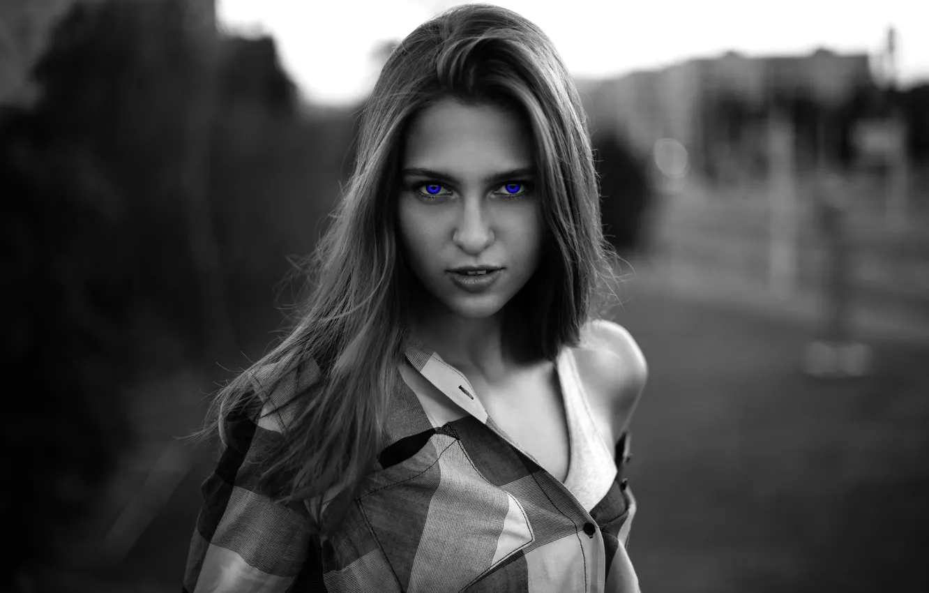 Фото обои blue eyes, monochrome, model, mike, women, bokeh, shirt, portrait