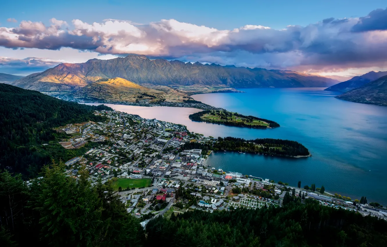 Фото обои горы, город, бухта, Новая Зеландия, панорама, New Zealand, Queenstown, Куинстаун