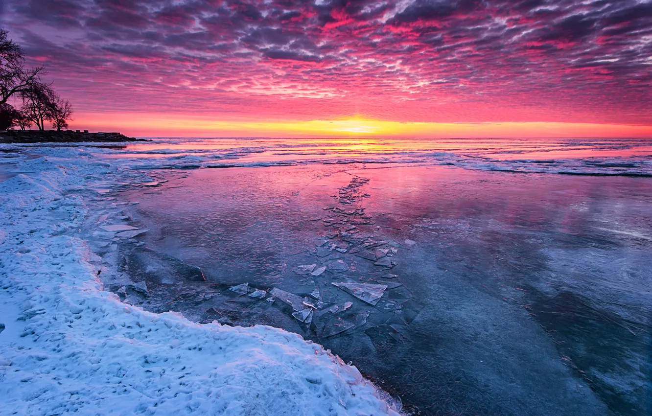 Фото обои холод, лед, зима, закат, озеро