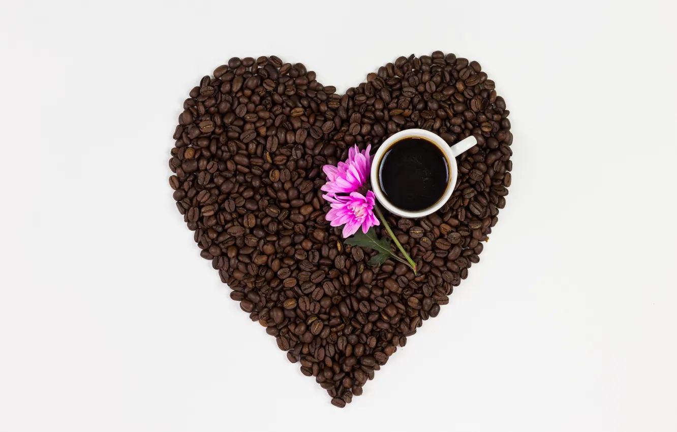 Фото обои любовь, цветы, сердце, кофе, зерна, love, heart, pink