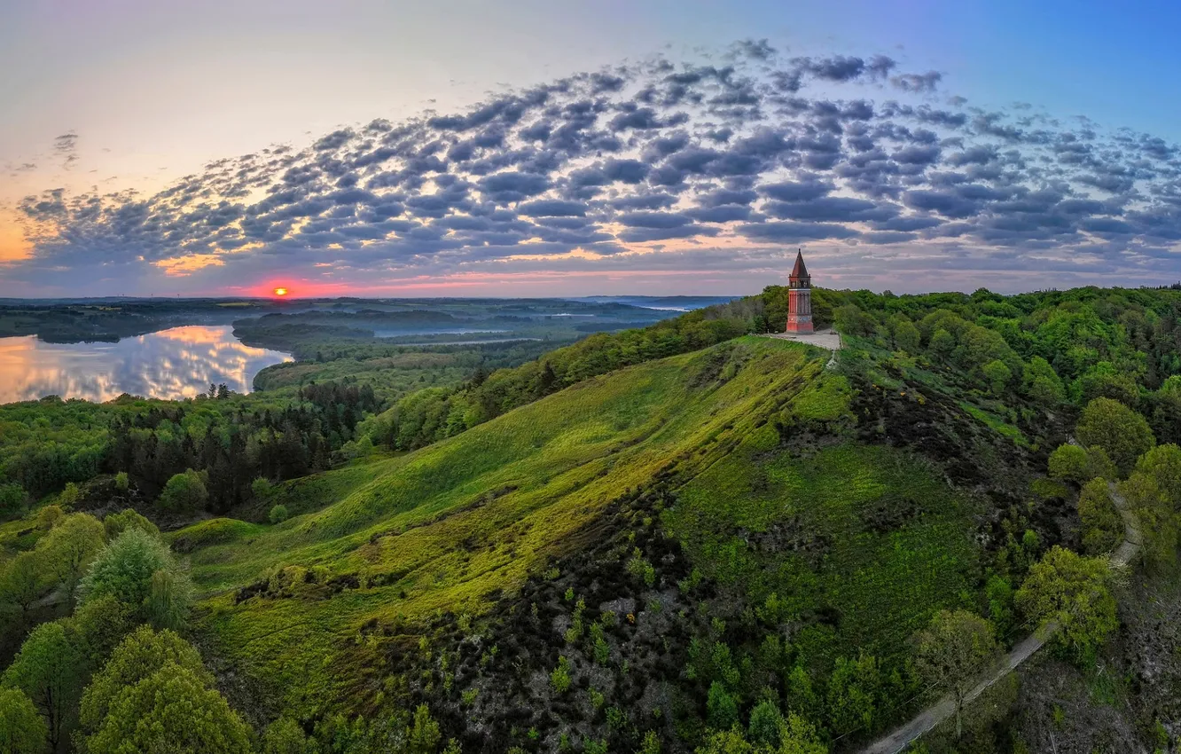 Фото обои green, forest, tower, photography, trees, landscape, nature, sunset