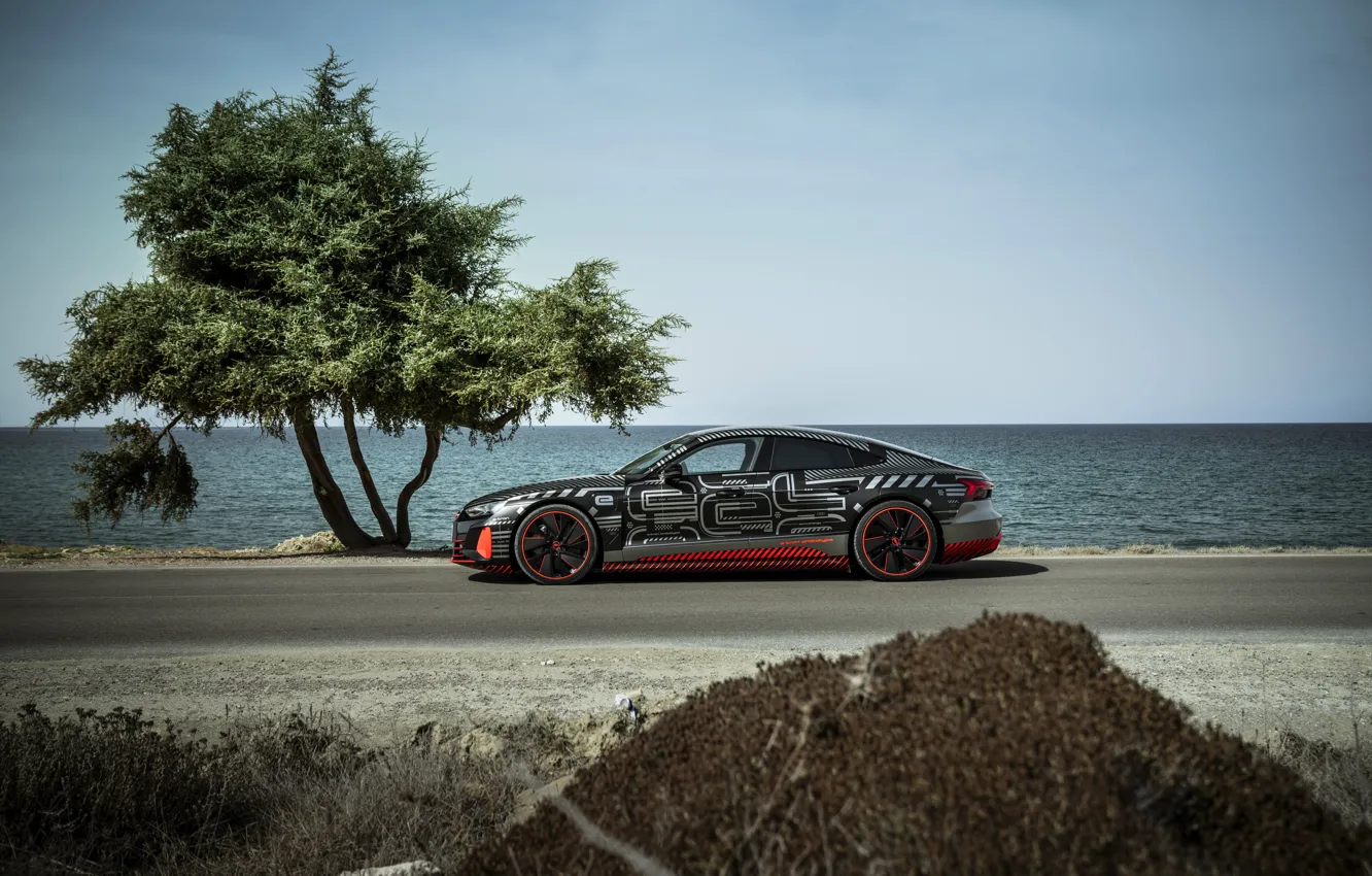 Фото обои дорога, дерево, Audi, купе, сбоку, 2020, RS e-Tron GT Prototype