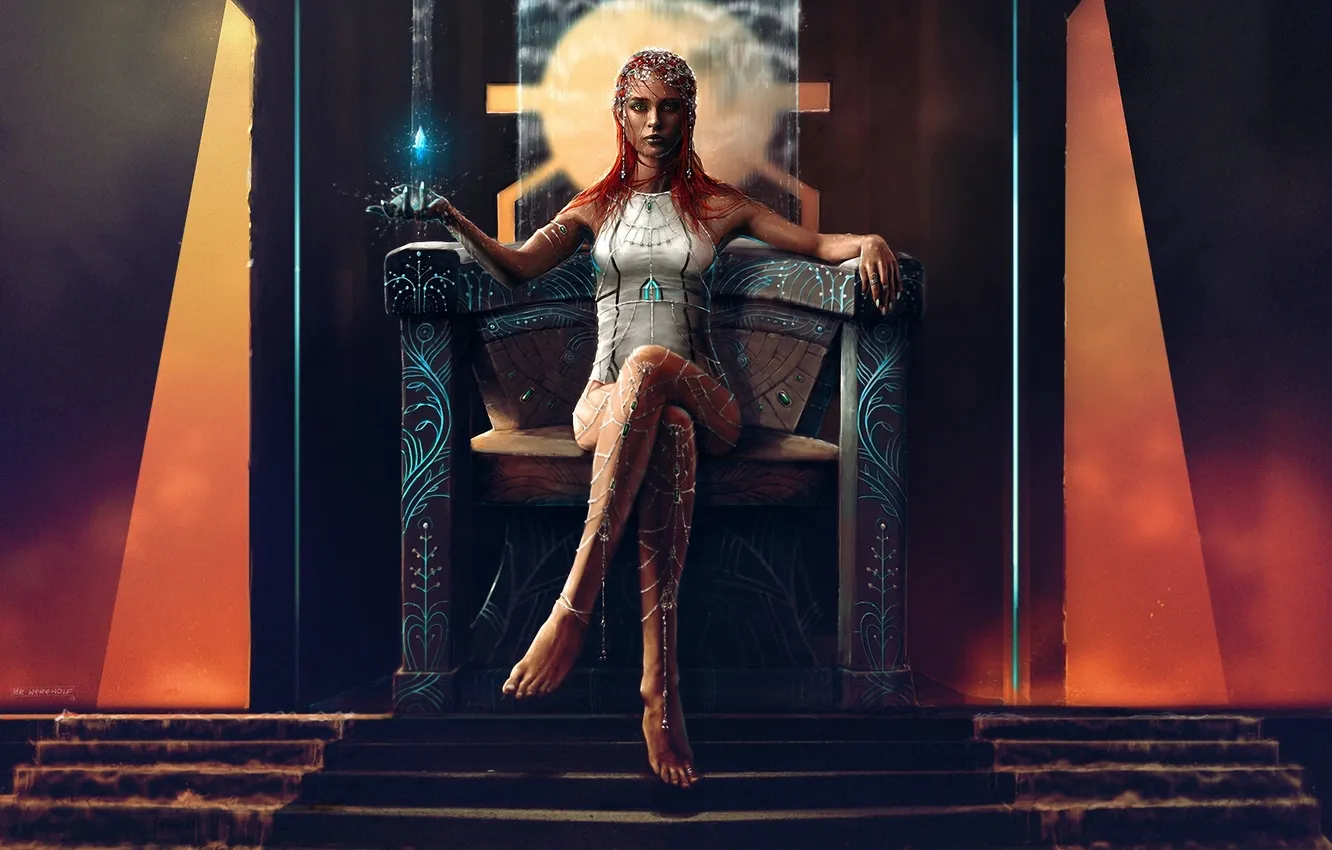 Фото обои кристалл, девушка, украшения, магия, узоры, арт, ступени, трон
