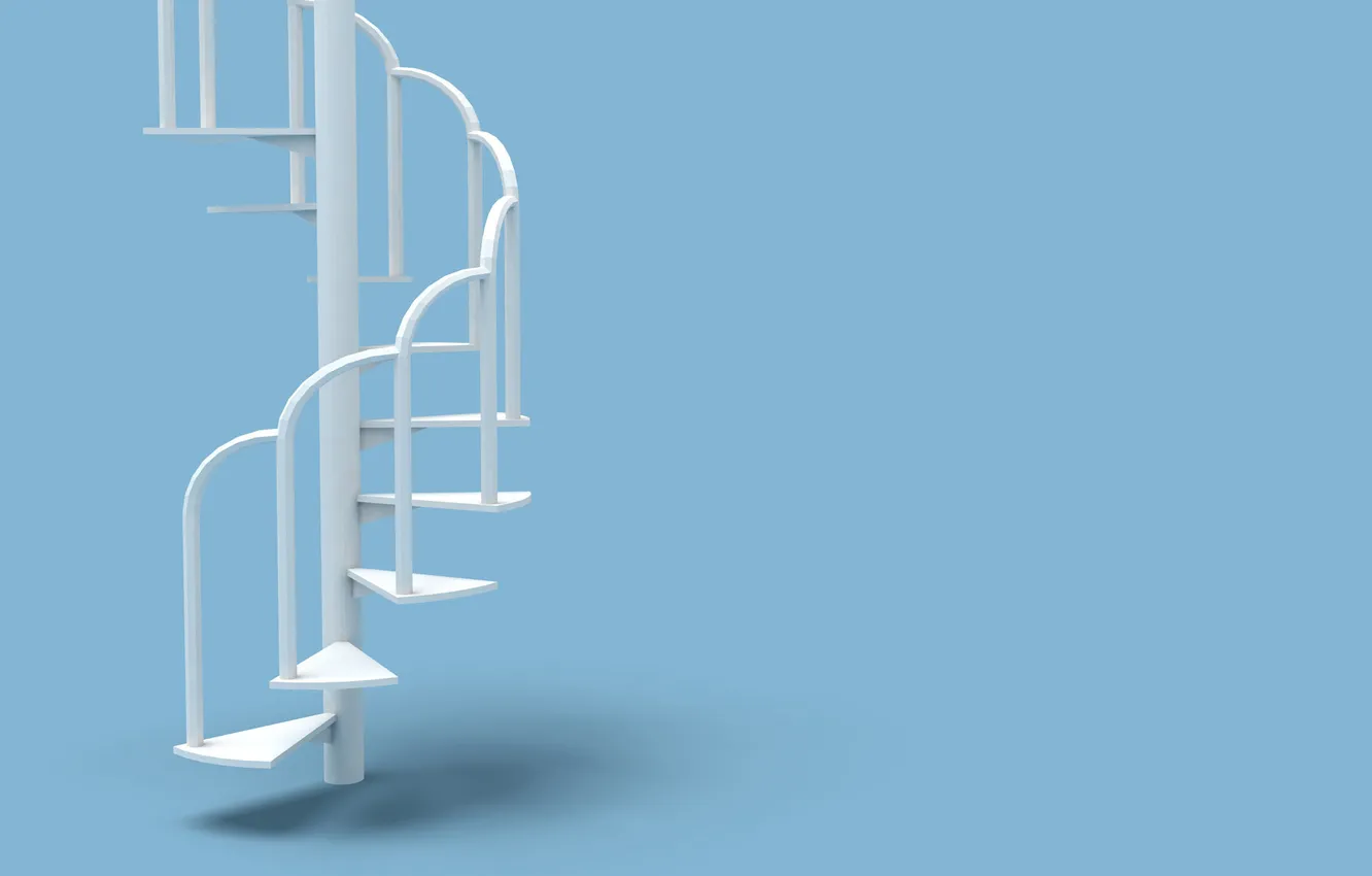 Фото обои белый, интерьер, минимализм, лестница, ступеньки, голубой фон