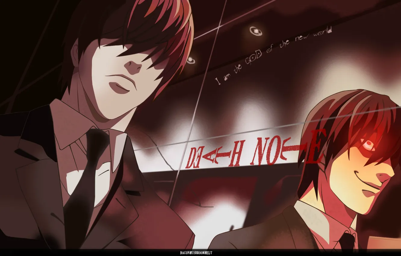 Фото обои Death Note, тетрадь смерти, Kira, безумный взгляд, альтер эго, Yagami Light, адская ухмылка, альтерэго