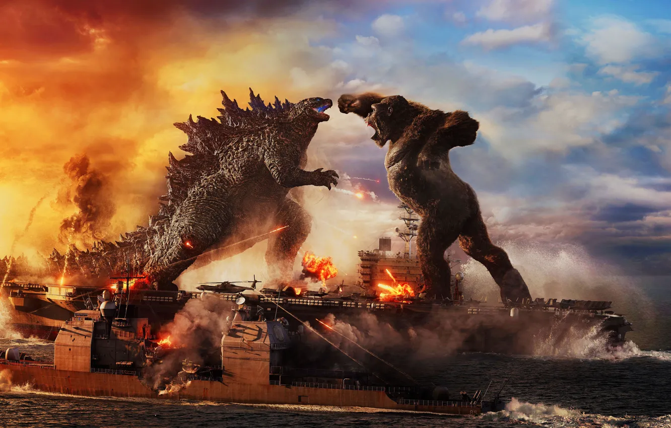 Фото обои King Kong, Обезьяна, Кинг Конг, Корабли, Битва, Двое, Годзилла, Godzilla