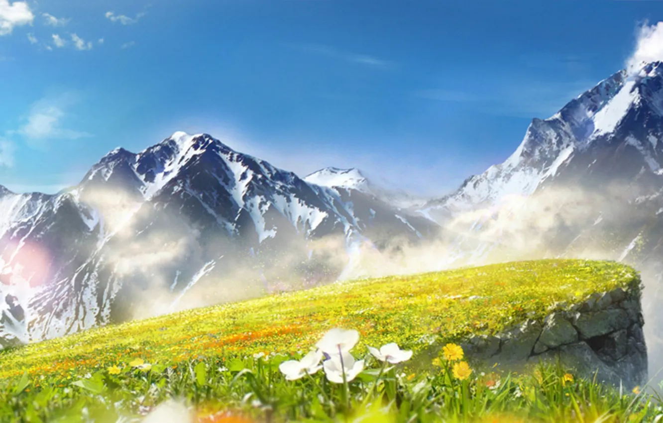 Фото обои небо, облака, цветы, горы, art