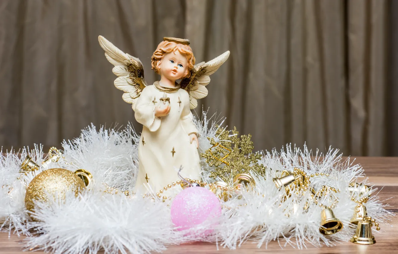 Фото обои праздник, шары, игрушки, новый год, ангел, мишура