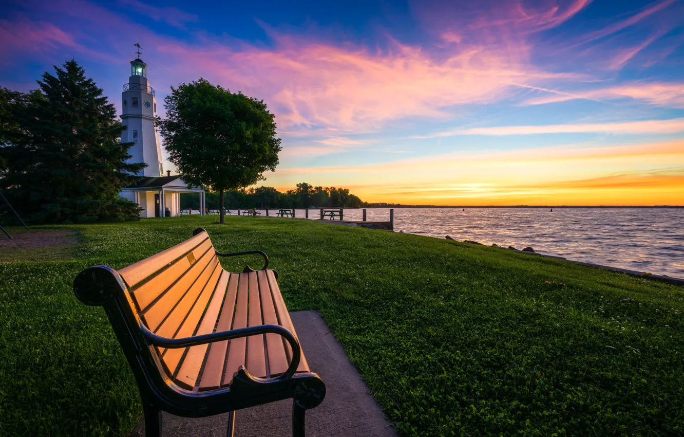 Фото обои пейзаж, озеро, рассвет, маяк, утро, Висконсин, США, скамья