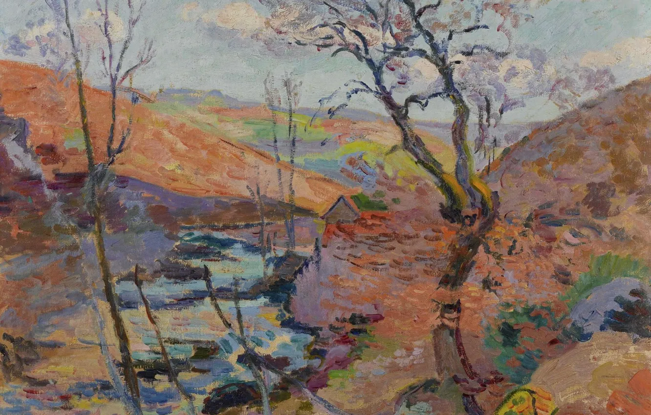 Фото обои пейзаж, дом, река, картина, Арман Гийомен, Armand Guillaumin, Le Clos des Bouchardons