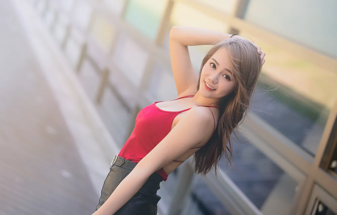 Фото обои girl, Asian, long hair, breast, photo, model, brunette, smiling