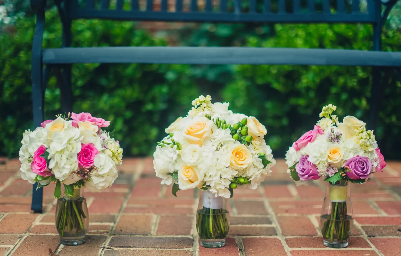 Фото обои цветы, розы, букет, вазы, свадебный