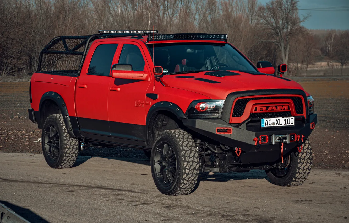 Фото обои красный, Dodge, пикап, 1500, Ram, Crew Cab, Limited, лебёдка