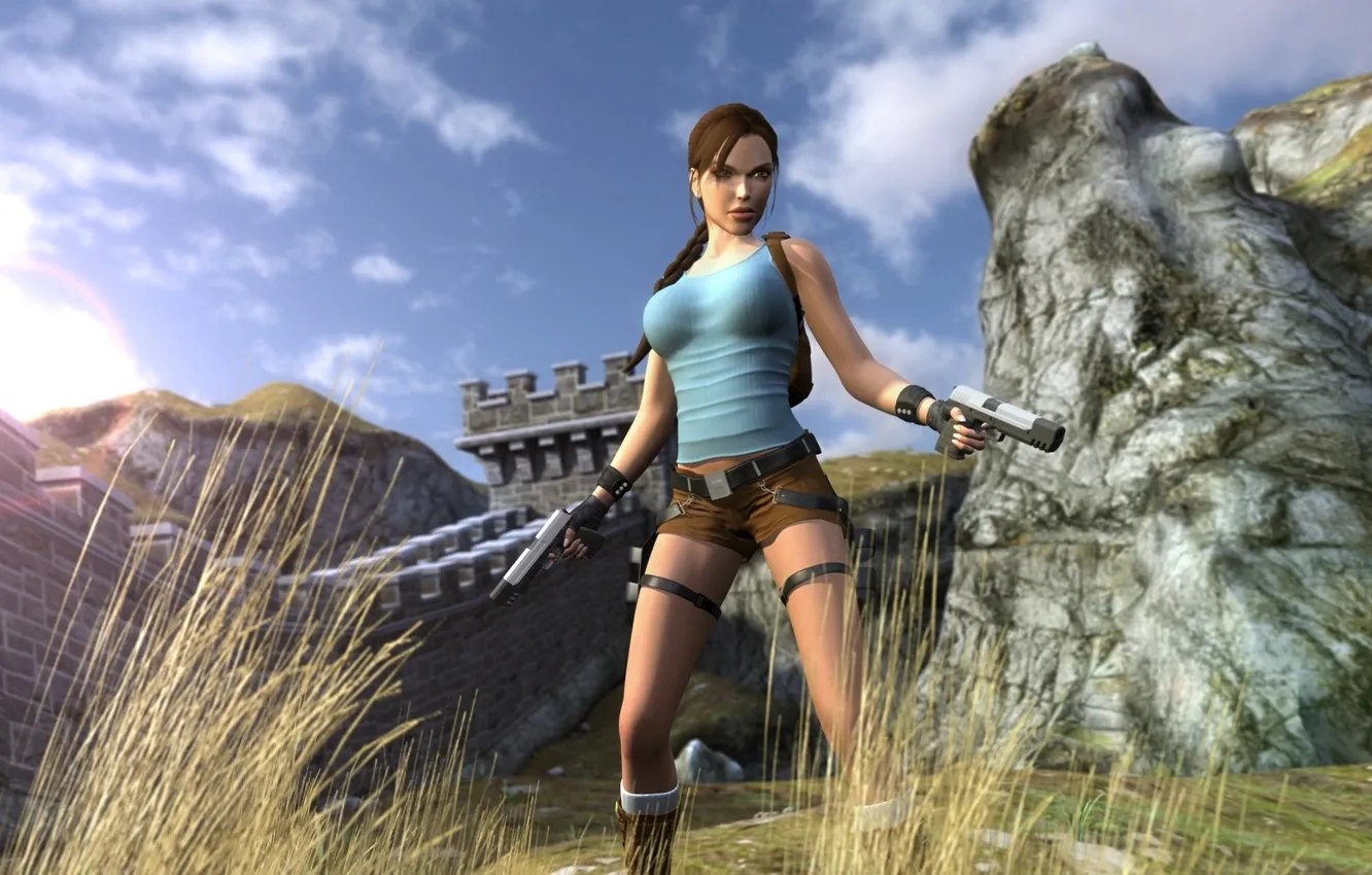 Фото обои пистолеты, Tomb Raider, art, Lara Croft, fan, китайская стена